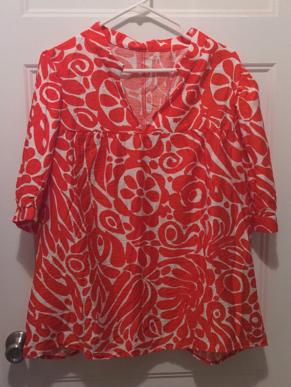 SHEIN Orange White Floral Abstract Puff Sleeve Blouse Plus Size 2XL